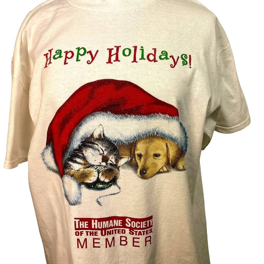 Vintage Y2K Human Society T Shirt Large Cute Kitten Puppy Graphic Happy Holiday